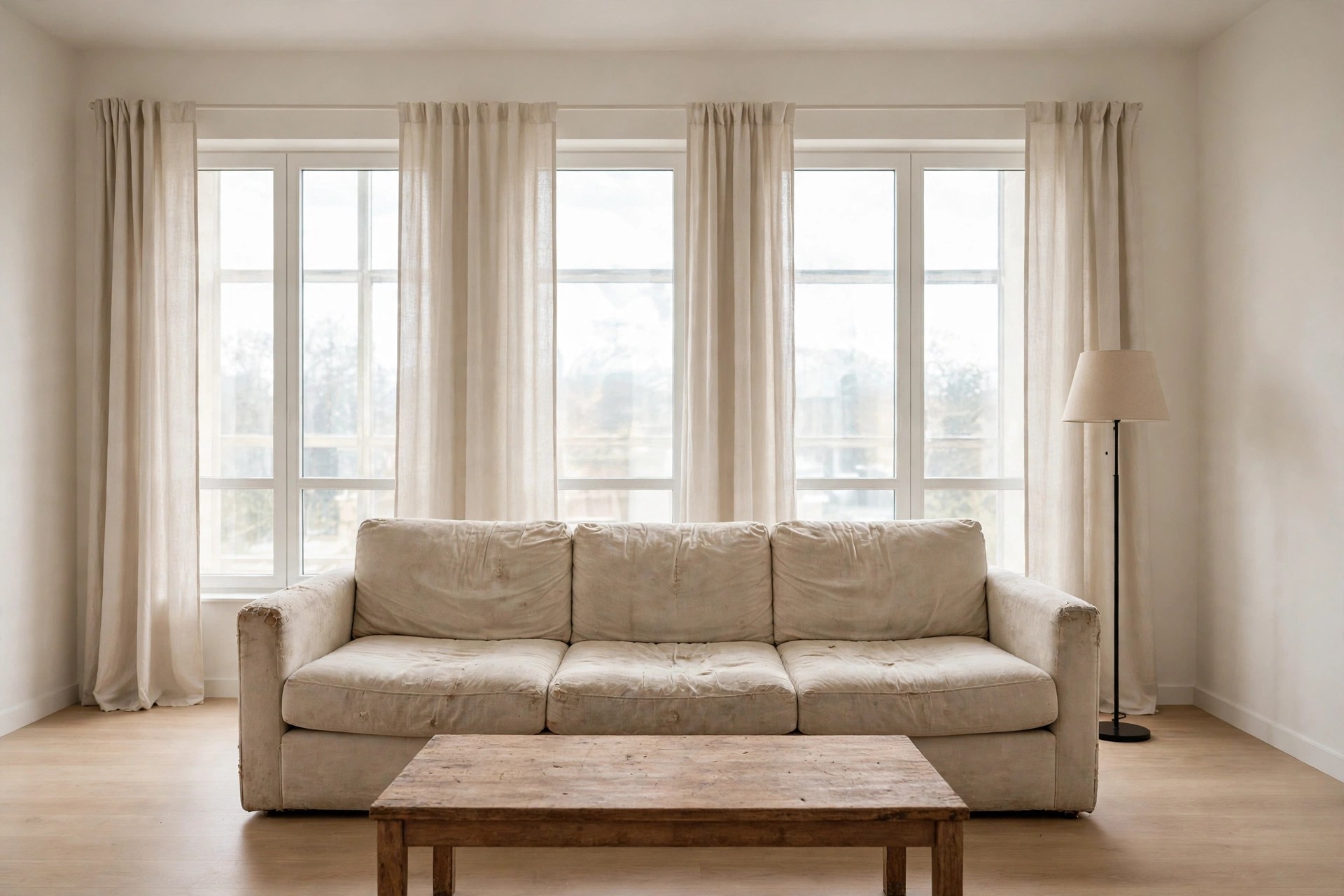Same living room with old worn-out outdated furniture